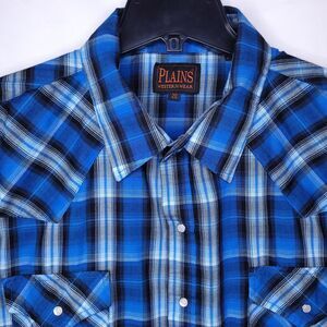 Plains Western Wear Shirt Mens 2XL Plaid Blue Big Man Pearl Snap
